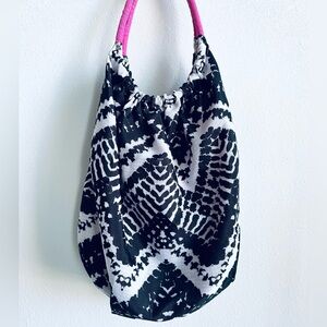 Black & White Batik Boho Cotton Blend Bucket Bag Purse with Hot Pink‎ Handles